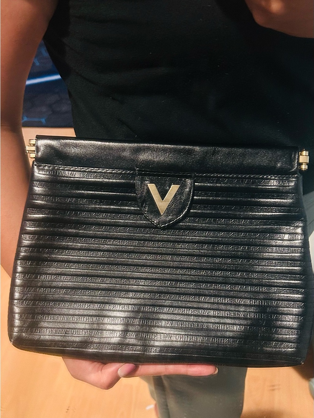 Vintage Mario Valentino Black Leather Clutch Gold V Logo Made in Italy